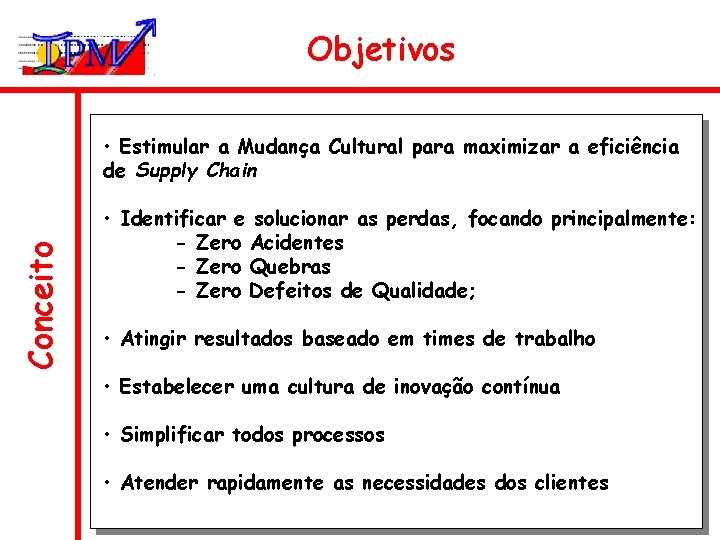 Objetivos Conceito • Estimular a Mudança Cultural para maximizar a eficiência de Supply Chain