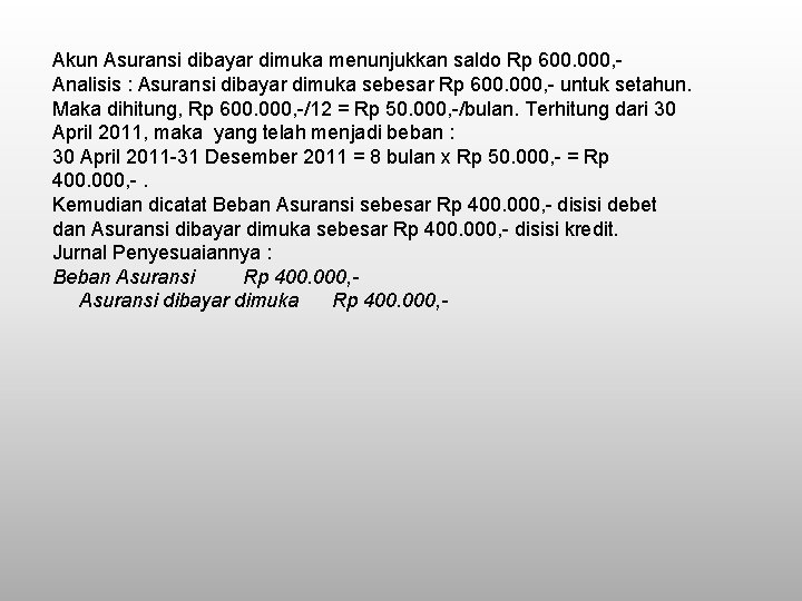 Akun Asuransi dibayar dimuka menunjukkan saldo Rp 600. 000, Analisis : Asuransi dibayar dimuka