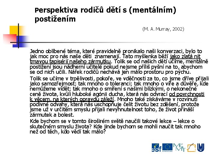 Perspektiva rodičů dětí s (mentálním) postižením (M. A. Murray, 2002) Jedno oblíbené téma, které