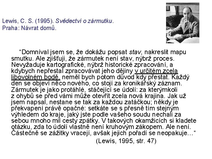 Lewis, C. S. (1995). Svědectví o zármutku. Praha: Návrat domů. “Domníval jsem se, že