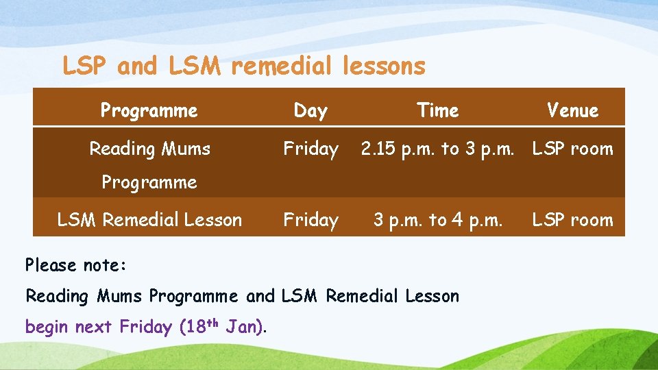 LSP and LSM remedial lessons Programme Day Reading Mums Friday Time Venue 2. 15