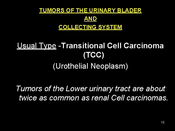 TUMORS OF THE URINARY BLADER AND COLLECTING SYSTEM Usual Type -Transitional Cell Carcinoma (TCC)