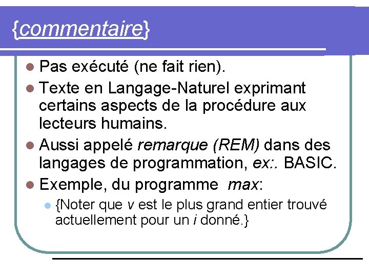 {commentaire} l Pas exécuté (ne fait rien). l Texte en Langage-Naturel exprimant certains aspects
