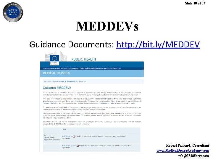 Slide 10 of 37 MEDDEVs Guidance Documents: http: //bit. ly/MEDDEV Robert Packard, Consultant www. Slide 10 of 37 MEDDEVs Guidance Documents: http: //bit. ly/MEDDEV Robert Packard, Consultant www.