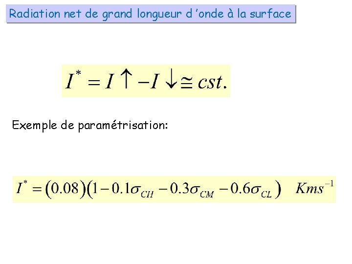 Radiation net de grand longueur d ’onde à la surface Exemple de paramétrisation: 