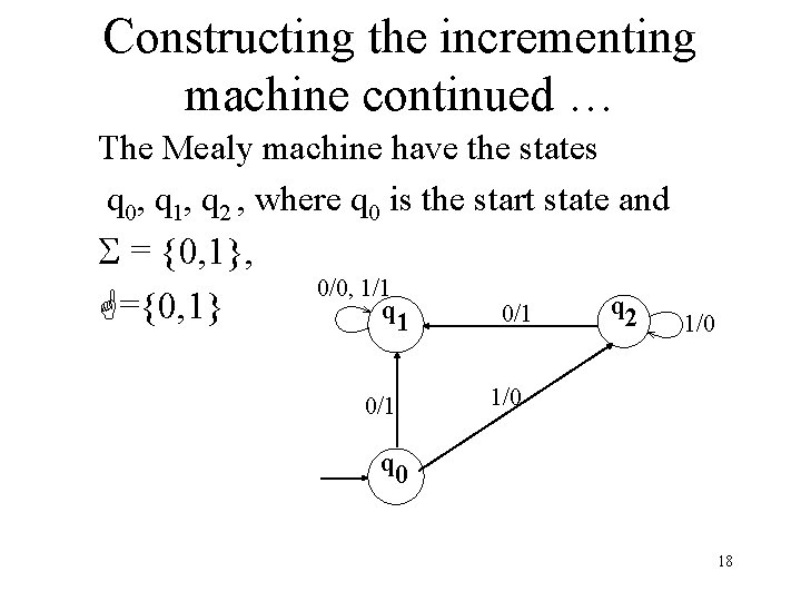 Constructing the incrementing machine continued … The Mealy machine have the states q 0,