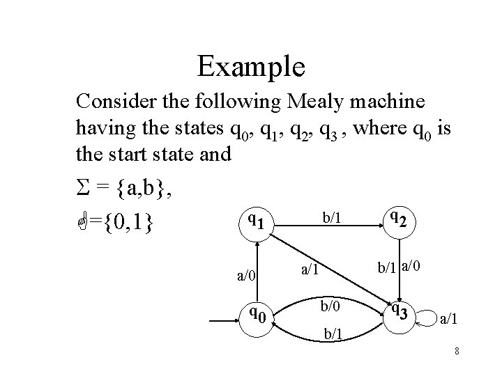Example Consider the following Mealy machine having the states q 0, q 1, q