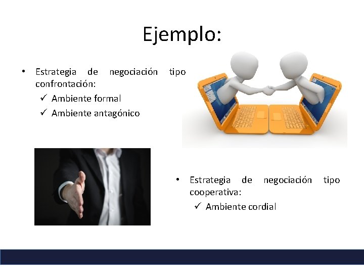 Ejemplo: • Estrategia de negociación confrontación: ü Ambiente formal ü Ambiente antagónico tipo •