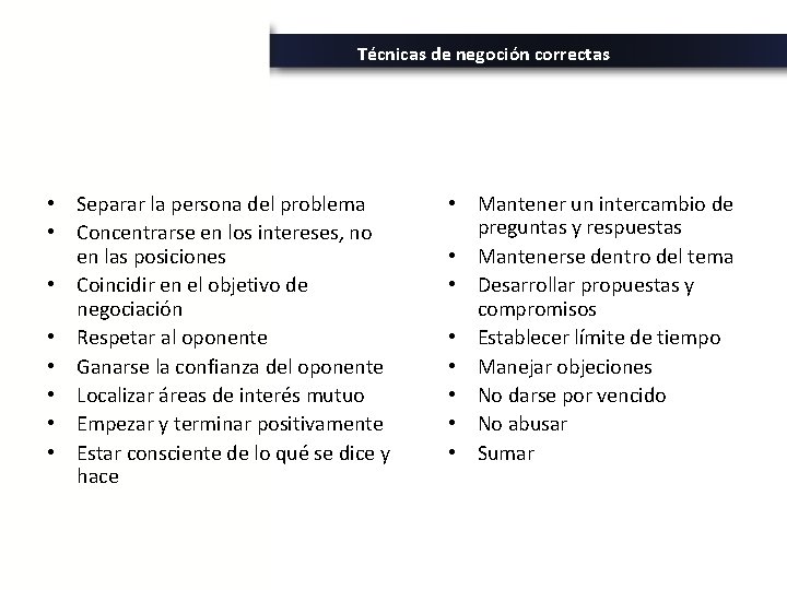 Técnicas de negoción correctas • Separar la persona del problema • Concentrarse en los