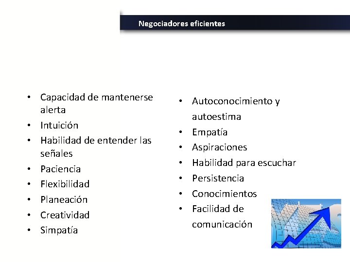 Negociadores eficientes • Capacidad de mantenerse alerta • Intuición • Habilidad de entender las