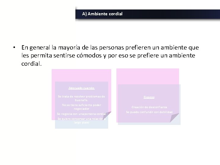 A) Ambiente cordial • En general la mayoría de las personas prefieren un ambiente