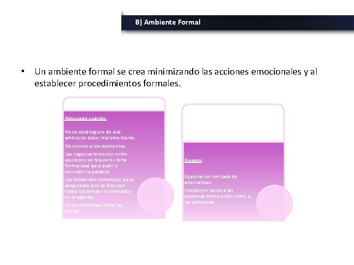 B) Ambiente Formal • Un ambiente formal se crea minimizando las acciones emocionales y