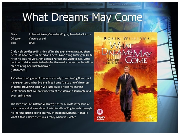 What Dreams May Come Stars Director Year Robin Williams, Cuba Gooding Jr, Annabella Sciorra