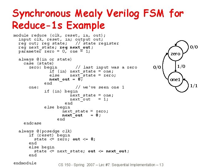 Synchronous Mealy Verilog FSM for Reduce-1 s Example module reduce (clk, reset, in, out);