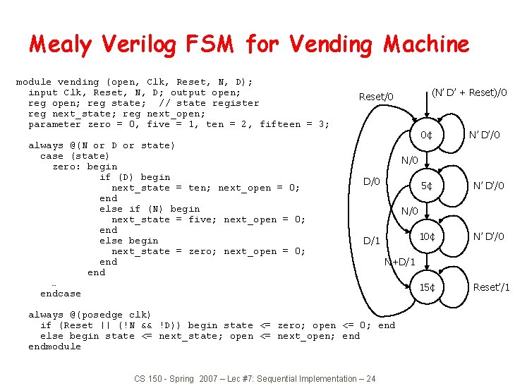 Mealy Verilog FSM for Vending Machine module vending (open, Clk, Reset, N, D); input