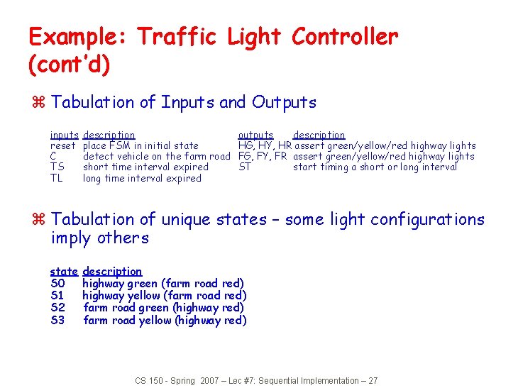 Example: Traffic Light Controller (cont’d) z Tabulation of Inputs and Outputs inputs reset C