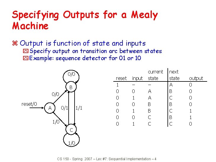 Specifying Outputs for a Mealy Machine z Output is function of state and inputs