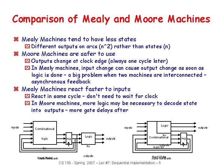 Comparison of Mealy and Moore Machines z Mealy Machines tend to have less states