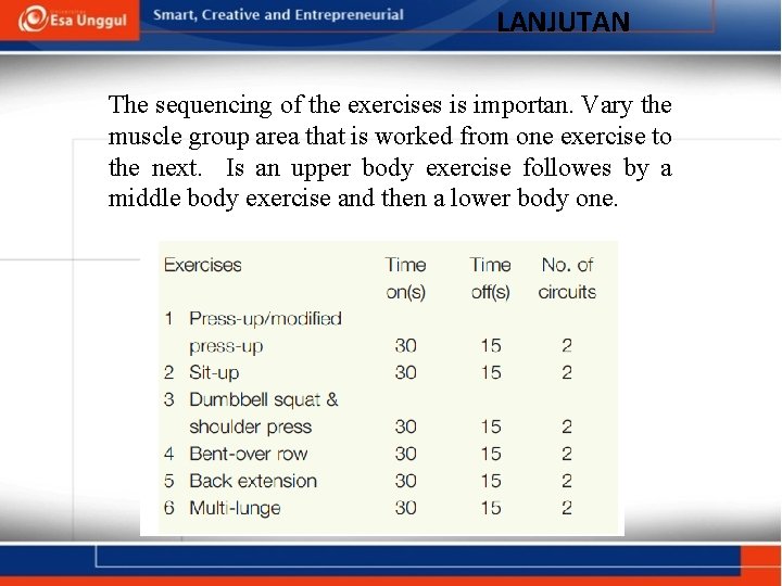 LANJUTAN The sequencing of the exercises is importan. Vary the muscle group area that