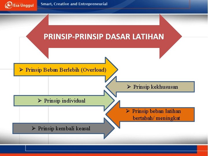 PRINSIP-PRINSIP DASAR LATIHAN Ø Prinsip Beban Berlebih (Overload) Ø Prinsip kekhususan Ø Prinsip individual