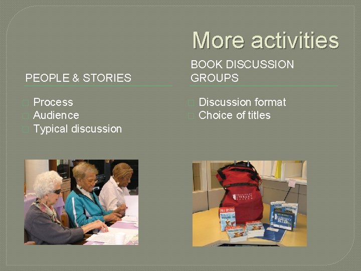 More activities PEOPLE & STORIES � � � Process Audience Typical discussion BOOK DISCUSSION More activities PEOPLE & STORIES � � � Process Audience Typical discussion BOOK DISCUSSION