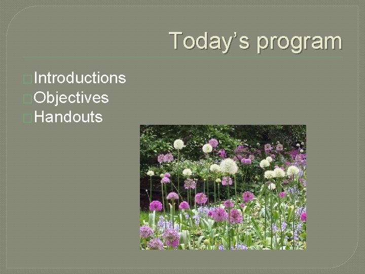 Today’s program �Introductions �Objectives �Handouts Today’s program �Introductions �Objectives �Handouts