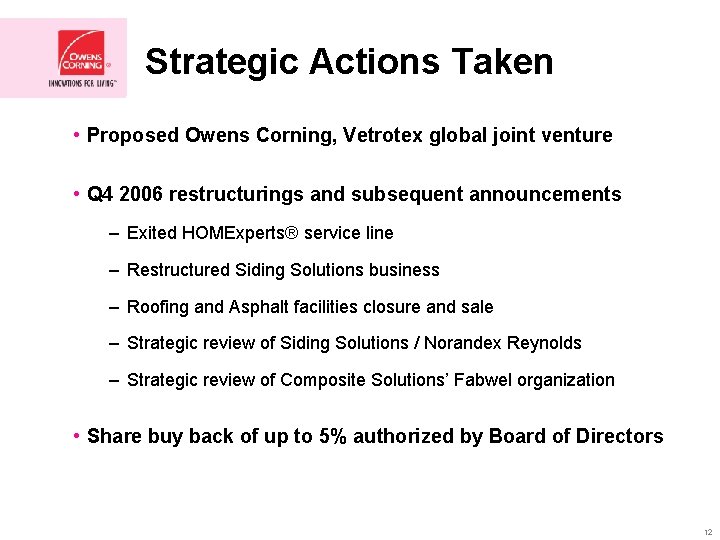 Strategic Actions Taken • Proposed Owens Corning, Vetrotex global joint venture • Q 4