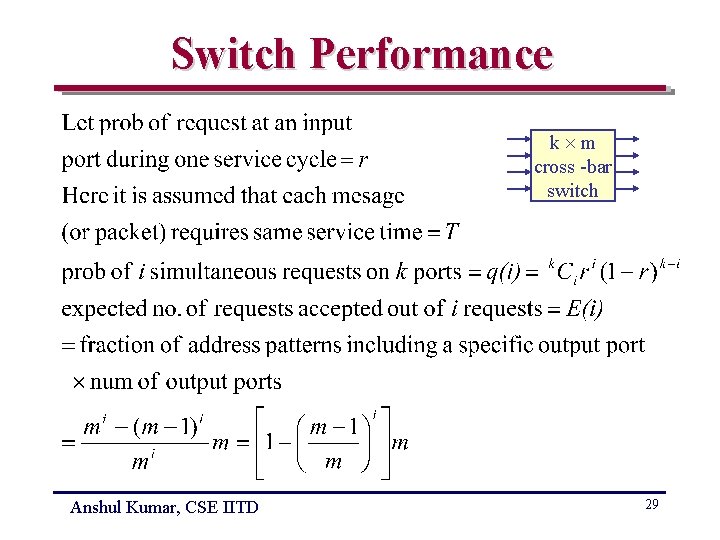 Switch Performance k m cross -bar switch Anshul Kumar, CSE IITD 29 