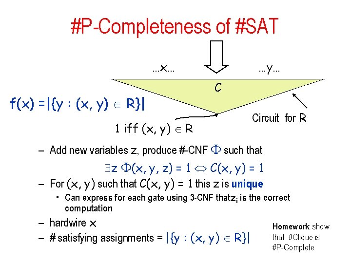 #P-Completeness of #SAT …x… f(x) =|{y : (x, y) R}| …y… C 1 iff