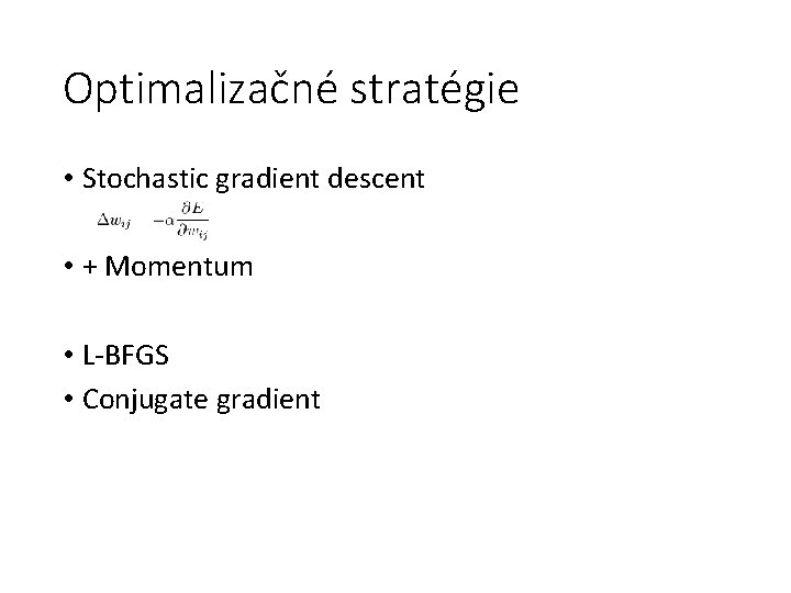 Optimalizačné stratégie • Stochastic gradient descent • + Momentum • L-BFGS • Conjugate gradient