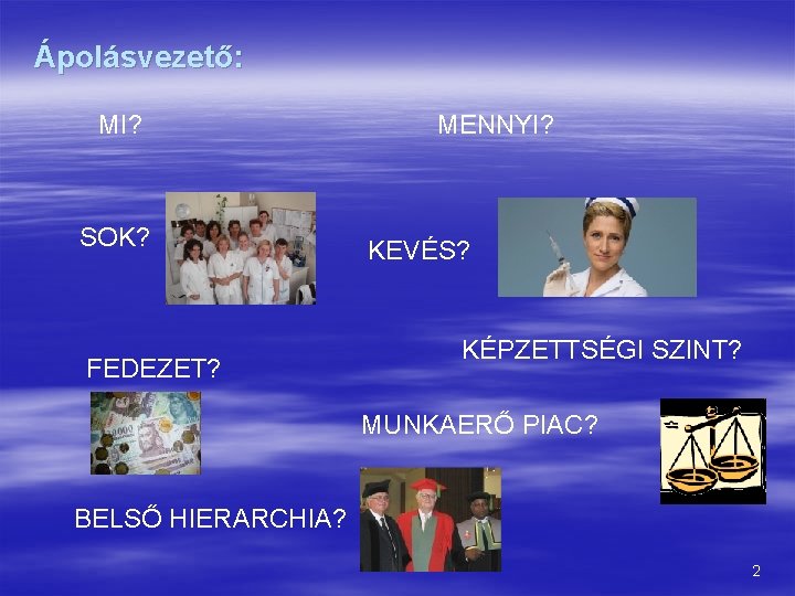 Ápolásvezető: MI? SOK? FEDEZET? MENNYI? KEVÉS? KÉPZETTSÉGI SZINT? MUNKAERŐ PIAC? BELSŐ HIERARCHIA? 2 