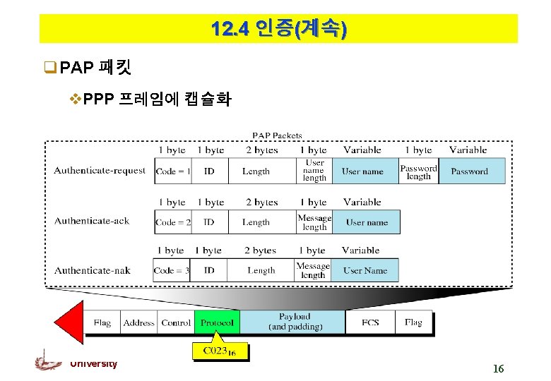 12. 4 인증(계속) q. PAP 패킷 v. PPP 프레임에 캡슐화 Kyung Hee University 16