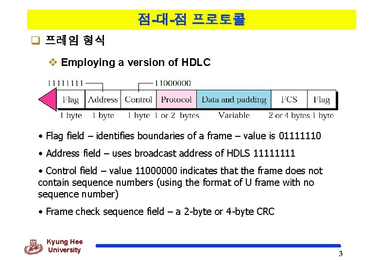 점-대-점 프로토콜 q 프레임 형식 v Employing a version of HDLC • Flag field