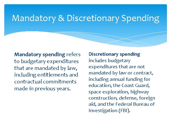 Mandatory & Discretionary Spending Mandatory spending refers to budgetary expenditures that are mandated by