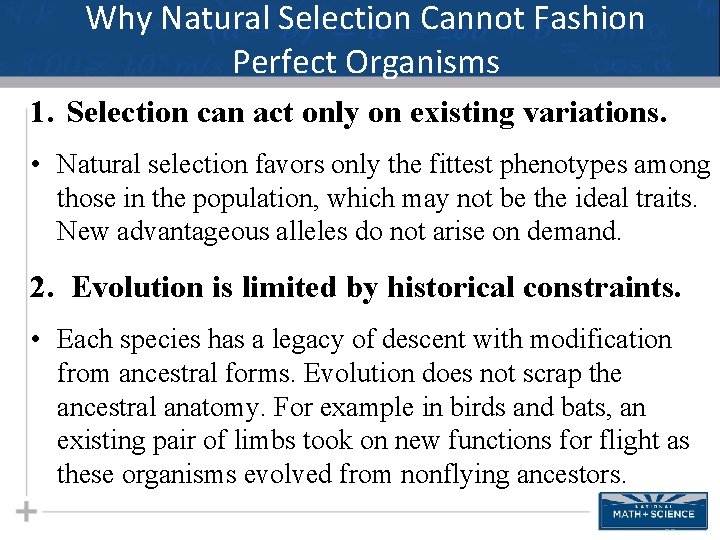 Why Natural Selection Cannot Fashion Perfect Organisms 1. Selection can act only on existing