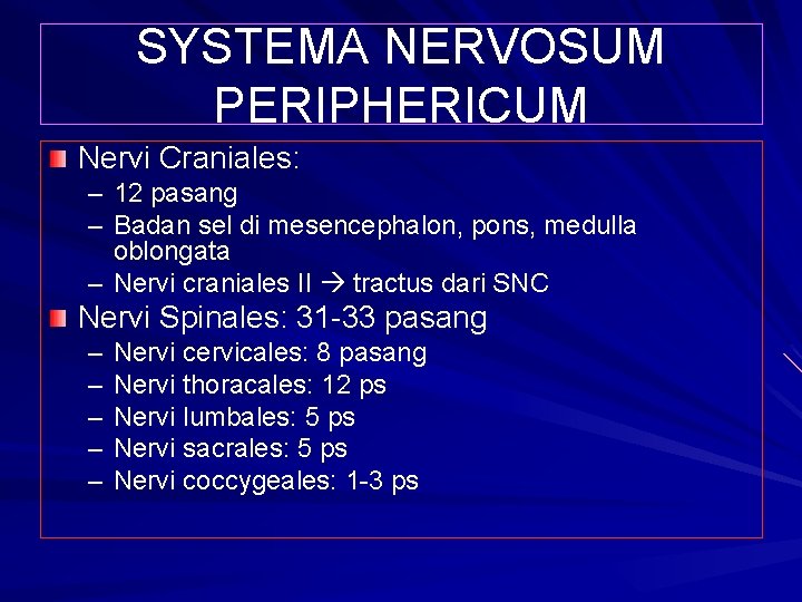 SYSTEMA NERVOSUM PERIPHERICUM Nervi Craniales: – 12 pasang – Badan sel di mesencephalon, pons,