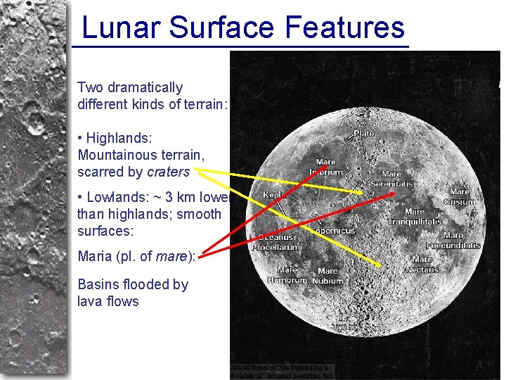 Lunar Surface Features Two dramatically different kinds of terrain: • Highlands: Mountainous terrain, scarred