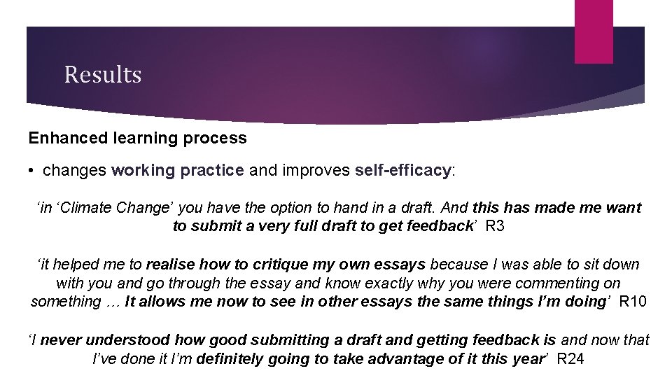 Results Enhanced learning process • changes working practice and improves self-efficacy: ‘in ‘Climate Change’ Results Enhanced learning process • changes working practice and improves self-efficacy: ‘in ‘Climate Change’