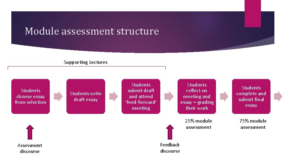 Module assessment structure Supporting Lectures Students choose essay from selection Students write draft essay Module assessment structure Supporting Lectures Students choose essay from selection Students write draft essay