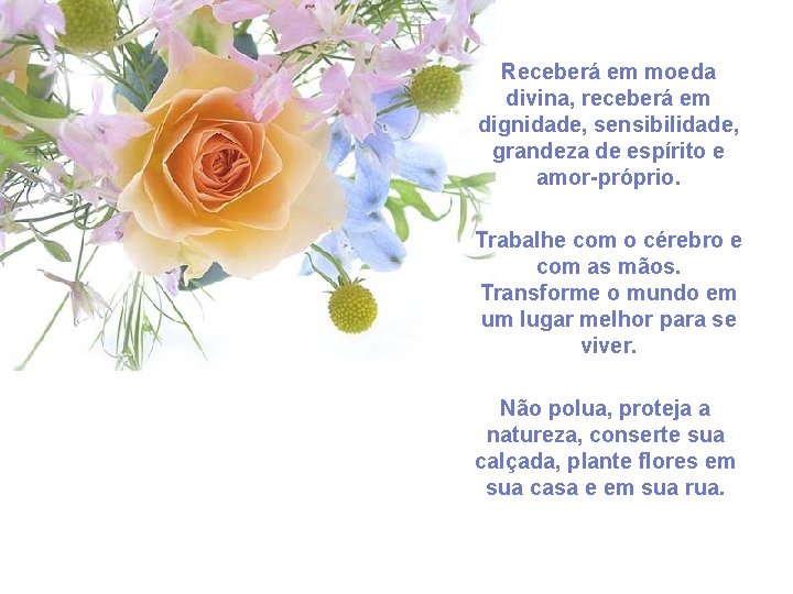 Receberá em moeda divina, receberá em dignidade, sensibilidade, grandeza de espírito e amor-próprio. Trabalhe