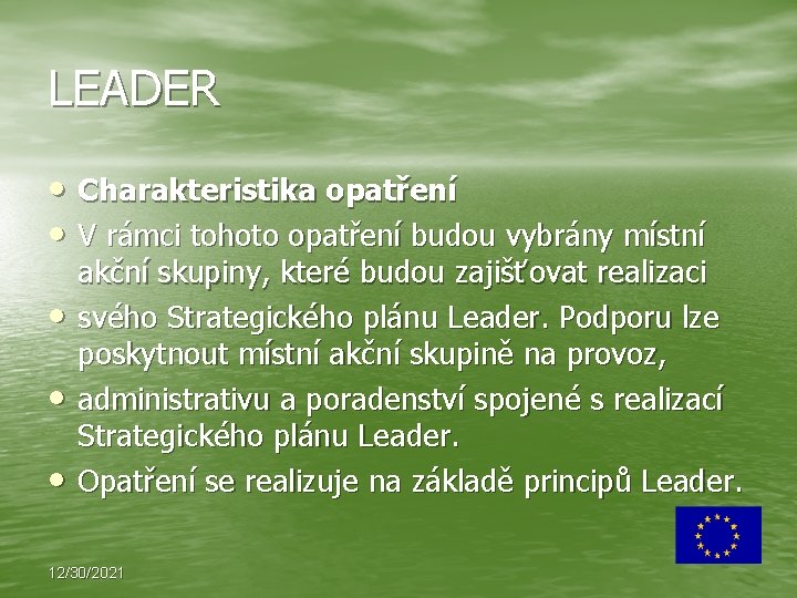 LEADER • Charakteristika opatření • V rámci tohoto opatření budou vybrány místní • •