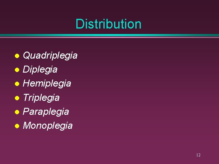 Distribution Quadriplegia l Diplegia l Hemiplegia l Triplegia l Paraplegia l Monoplegia l 12