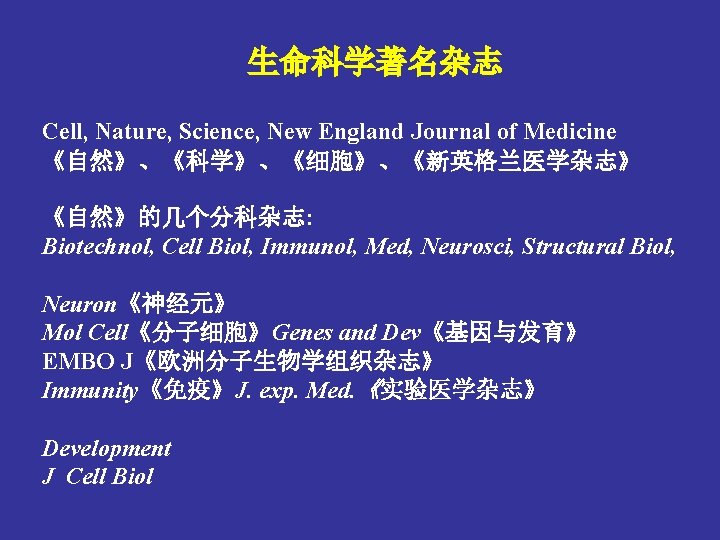 生命科学著名杂志 Cell, Nature, Science, New England Journal of Medicine 《自然》、《科学》、《细胞》、《新英格兰医学杂志》 《自然》的几个分科杂志: Biotechnol, Cell Biol,
