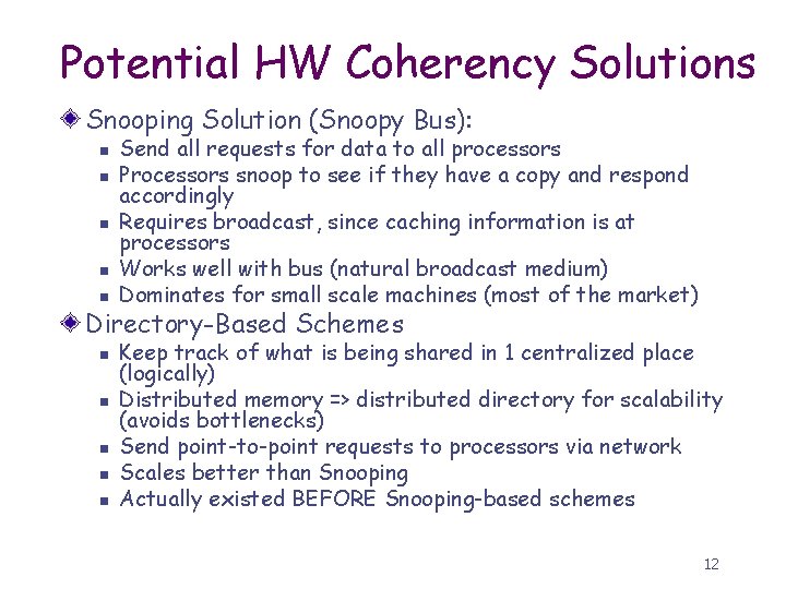 Potential HW Coherency Solutions Snooping Solution (Snoopy Bus): n n n Send all requests