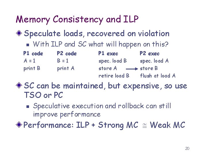 Memory Consistency and ILP Speculate loads, recovered on violation n With ILP and SC