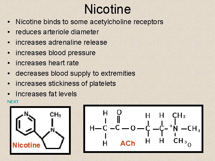 Nicotine • • Nicotine binds to some acetylcholine receptors reduces arteriole diameter increases adrenaline