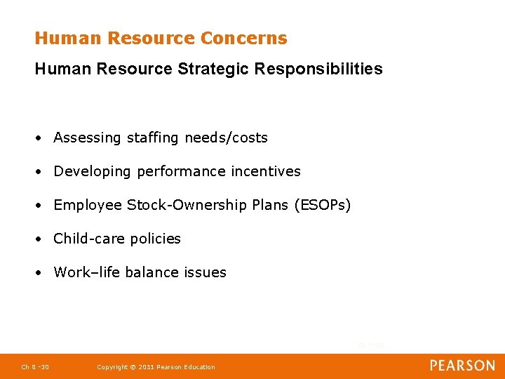 Human Resource Concerns Human Resource Strategic Responsibilities • Assessing staffing needs/costs • Developing performance