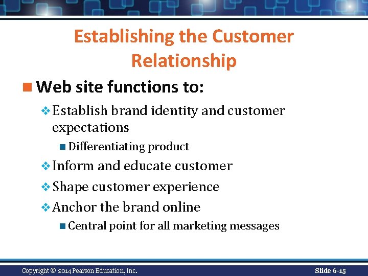 Establishing the Customer Relationship n Web site functions to: v Establish brand identity and