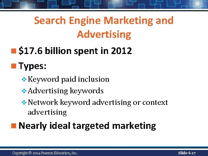 Search Engine Marketing and Advertising n $17. 6 billion spent in 2012 n Types: