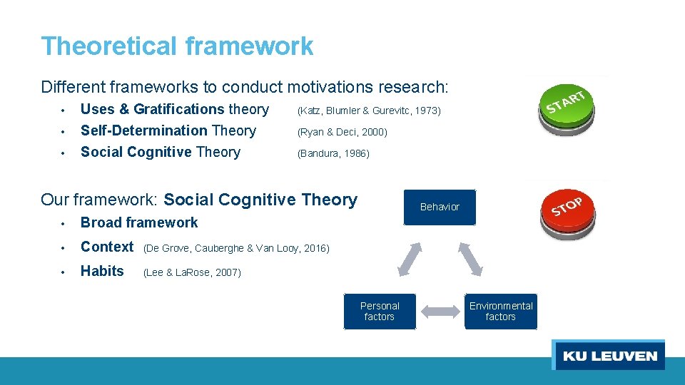 Theoretical framework Different frameworks to conduct motivations research: • • • Uses & Gratifications